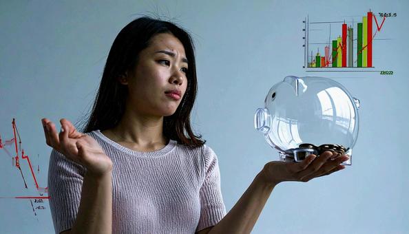 投資か貯金、どちらがいいか悩む若い女性 投資か貯金、どちらがいいか悩む若い女性の写真