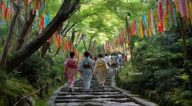 お寺の石段と風鈴回廊 お寺の石段と風鈴回廊の写真
