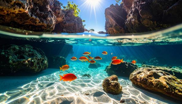 海中から見た岩場に泳ぐ熱帯魚 海中から見た岩場に泳ぐ熱帯魚の写真