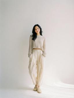 白とベージュで立つ若いアジア女性 白とベージュで立つ若いアジア女性の写真
