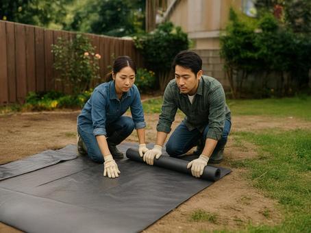 防草シートを貼る夫婦 防草シートを貼る夫婦の写真