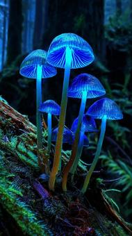 暗闇に浮かぶ青色の光のキノコ 暗闇に浮かぶ青色の光のキノコの写真