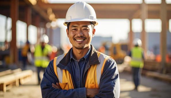 建設現場で腕組する建設作業員 建設現場で腕組する建設作業員の写真