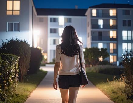 一人で夜帰宅する女性 一人で夜帰宅する女性の写真