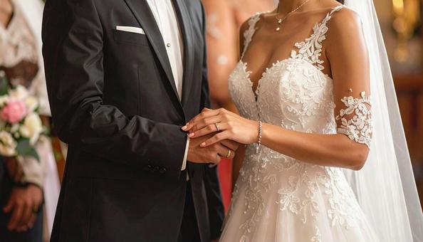  挙式で手を取り合う新郎新婦の写真