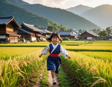稲穂が実る秋の田舎道を少女が走ってくる 稲穂が実る秋の田舎道を少女が走ってくるの写真