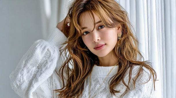 白いニットを着た日本人美女のポートレート 白いニットを着た日本人美女のポートレートの写真