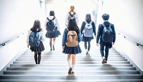階段を登る日本人の高校生たち 階段を登る日本人の高校生たちの写真