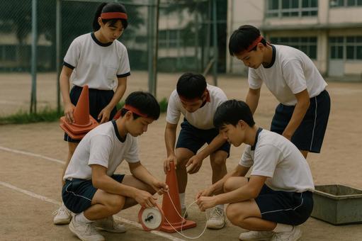 校庭の片隅で準備をする係の中学生 校庭の片隅で準備をする係の中学生の写真