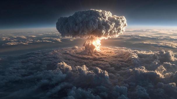 静かな海にそびえる核のキノコ雲 静かな海にそびえる核のキノコ雲の写真