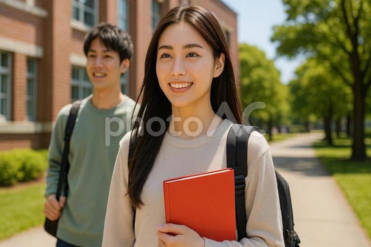 笑顔で歩く学生と大学キャンパス風景・男女 笑顔,大学キャンパス,男女の写真素材