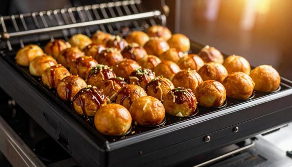 たこ焼き機で焼いているたこ焼き たこ焼き機で焼いているたこ焼きの写真