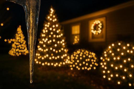 氷柱と庭のクリスマスライトアップの写真