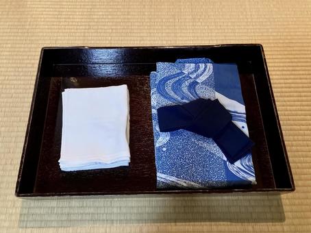 旅館の浴衣セット 浴衣,青,帯の写真素材