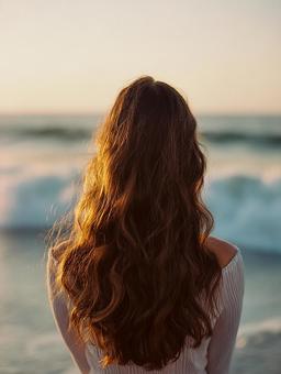 長いウェーブヘアが美しい女性と夕焼けの海 長いウェーブヘアが美しい女性と夕焼けの海の写真