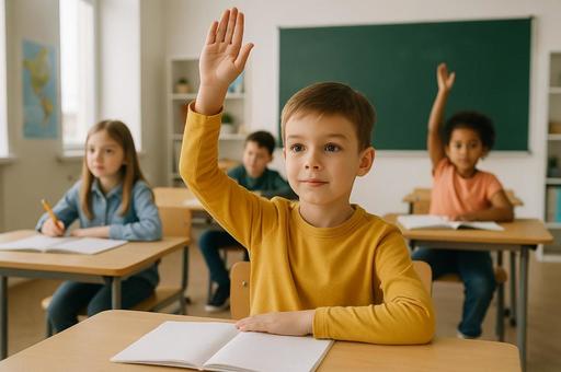授業中に手を挙げる男の子 授業中に手を挙げる男の子の写真