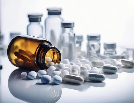 瓶からこぼれた錠剤の写真