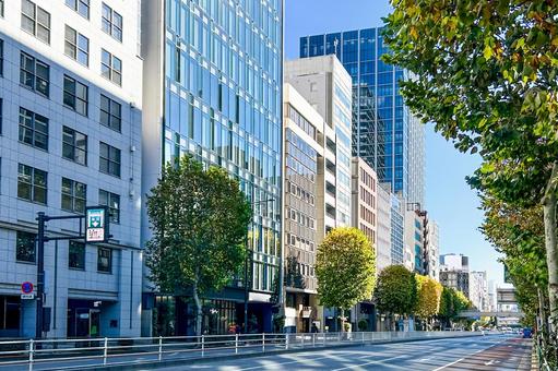 秋の朝早い都会の大通りと爽やかな街並み 秋の朝早い都会の大通りと爽やかな街並み オフィス街,ビル群,陽射しの写真素材