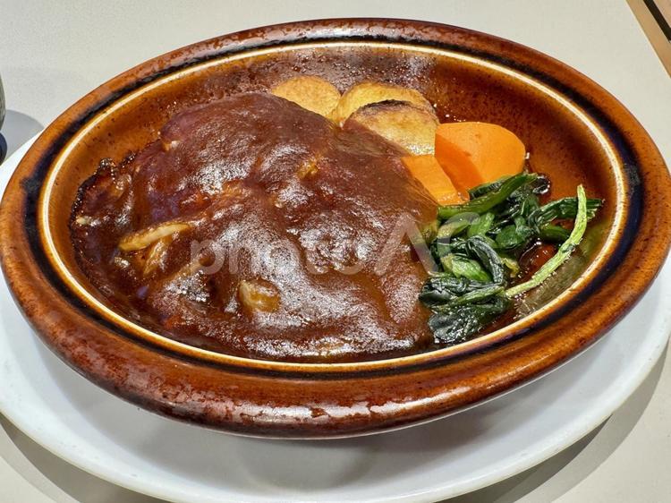 熱々のデミ煮込みハンバーグ デミグラスソース,煮込み,ハンバーグの写真素材