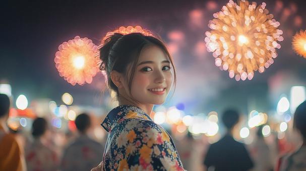 浴衣姿で見る花火 浴衣姿で見る花火の写真