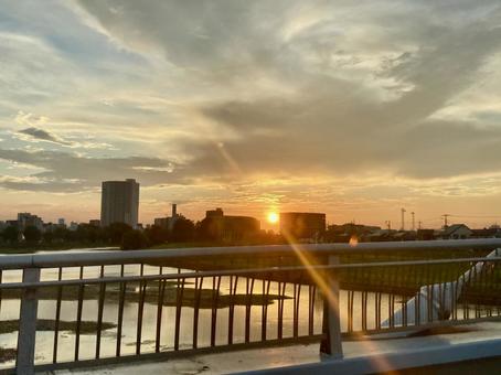 しらこばと橋からの夕日 しらこばと橋からの夕日 しらこばと橋,正面,屋外の写真素材