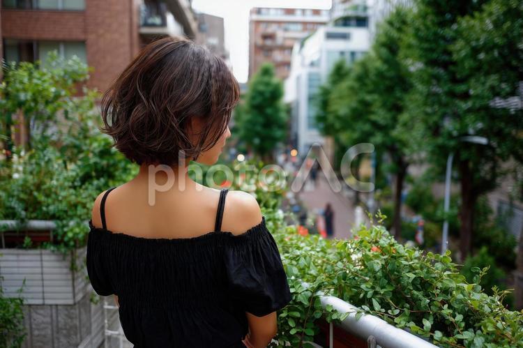 待合せで後ろ姿のボブヘアの若い女性 待ち合わせ,ボブ,後ろ姿の写真素材
