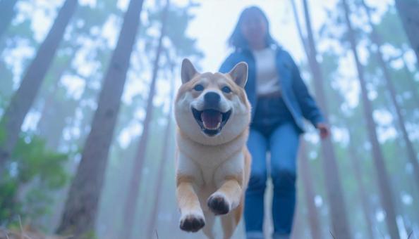 清々しい空気の森を笑顔で走る犬と飼い主 清々しい空気の森を笑顔で走る犬と飼い主の写真