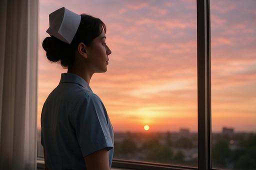 夕焼けを見つめる看護師 夕焼けを見つめる看護師の写真