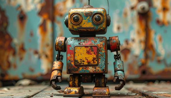 錆びついたレトロな人型ロボットのおもちゃの写真