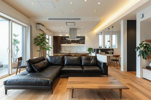 モダンな住宅のリビングとキッチン空間 モダンな住宅のリビングとキッチン空間 リビング,ソファ,テーブルの写真素材