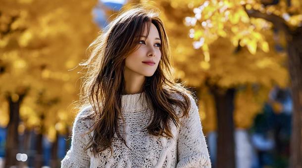 紅葉を背景に微笑む上品な若い女性 紅葉を背景に微笑む上品な若い女性の写真