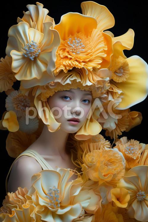 黄色い花のヘアスタイルをした女性10 女性,帽子,花の写真素材