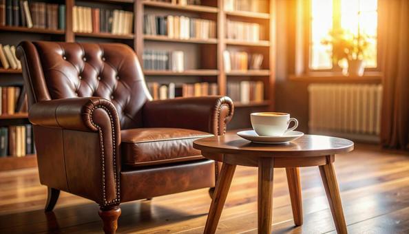 夕日に照らされたアンティークな書斎の写真