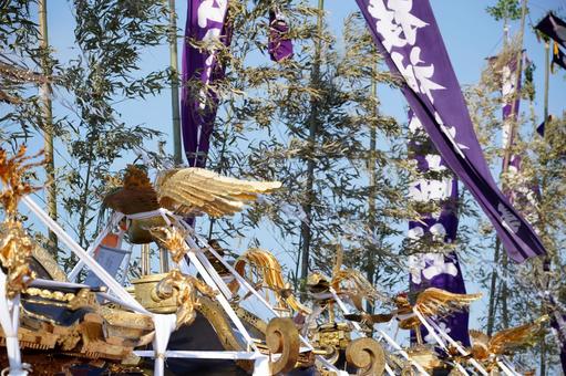 Purple flags and decorated mikoshi, JPG