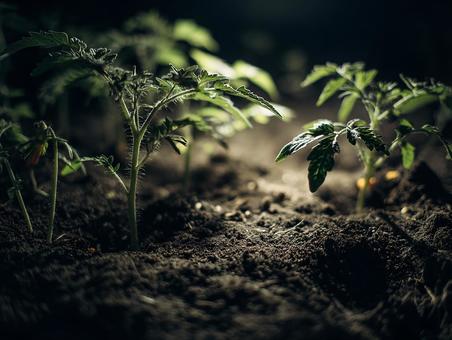 夕日に輝く家庭菜園の苗 夕日に輝く家庭菜園の苗の写真