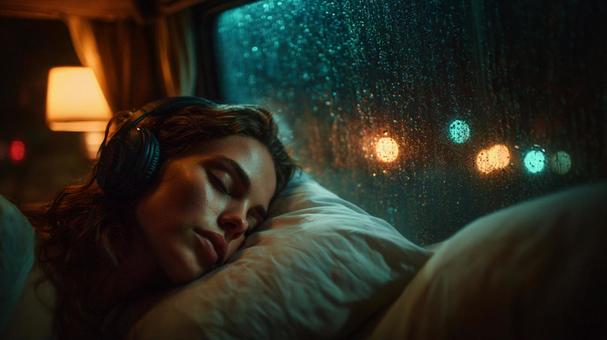 雨の夜、窓の外の光を背景に眠る人の写真