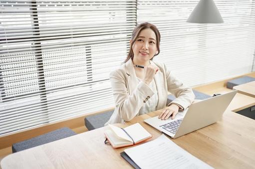 A woman working in a coworking space, female, coworking space, business woman, JPG