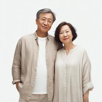 白背景で微笑む夫婦 白背景で微笑む夫婦の写真