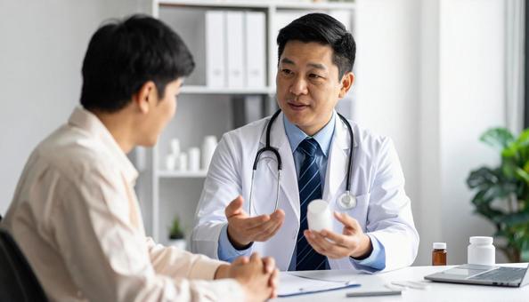 患者に対して簡単な服薬指導を行う男性医師の写真