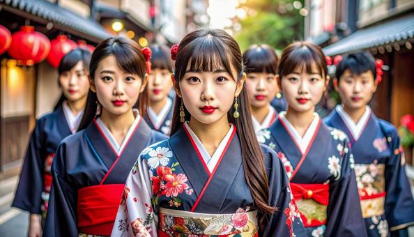 何かとの対峙を決意した着物を着た女性達A 何かとの対峙を決意した着物を着た女性達Aの写真