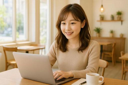 リモートワークをしてる笑顔が素敵な女性 リモートワークをしてる笑顔が素敵な女性の写真