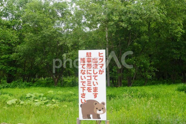 ヒグマ出没の注意看板・北海道 熊出没,ヒグマ,北海道の写真素材