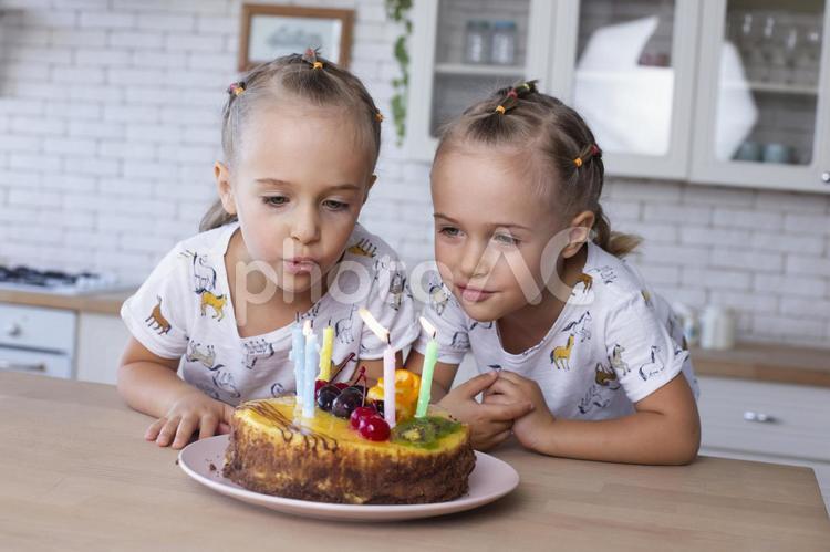 バースデーケーキと双子の女の子 双子,姉妹,女の子の写真素材