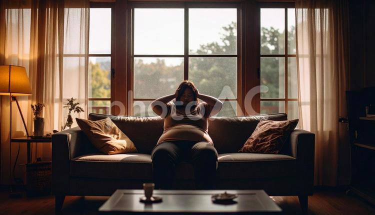 肥満で疲れやすく、額に手をやる女性 太い,デブ,大きいの写真素材