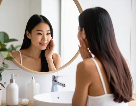 スキンケアをする女性 スキンケアをする女性の写真
