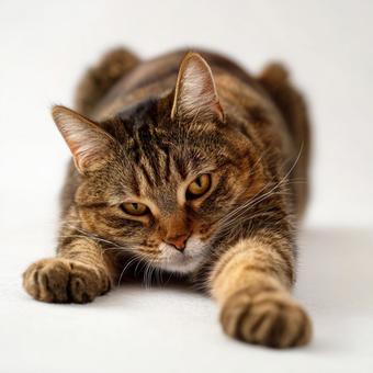 柔軟な体:伸びをする茶色の猫の愛らしい姿 柔軟な体:伸びをする茶色の猫の愛らしい姿の写真