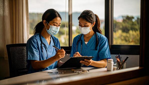 薬剤投与を二重チェックする看護師二人 薬剤投与を二重チェックする看護師二人の写真