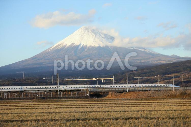 富士山を背に田園を走る東海道新幹線 新幹線,風景,富士山の写真素材