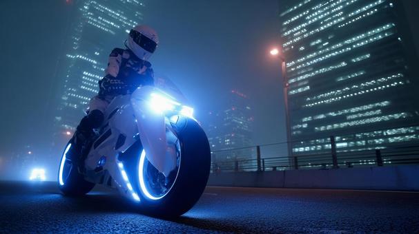 白と青のライトが霧の中で輝くバイクの写真