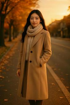 夕暮れの街角に立つ女性(秋・全身写真) 夕暮れの街角に立つ女性(秋・全身写真)の写真
